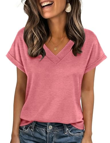 Image of Zeagoo Women's Short Sleeve Shirts Oversized T-Shirt V Neck Ladies Summer Basic T Shirt Red XL