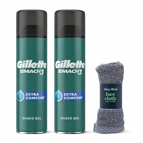Image of Gillette Extra Comfort Shave Gel 200ml x2 + Cotton Face Towel – Men’s Shaving Gel for Sensitive Skin, Smooth Glide, Razor Burn Protection Grooming Set