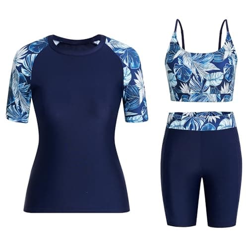 Image of Owntop Womens 3-Piece Rash Guard | UPF50+ UV Swim Shirt | Short Sleeve Rashguard Shirts & Bikini Top & High Waist Boyshorts | Modest Swimwear Swimsuits | Swimming Surfing | Blue M