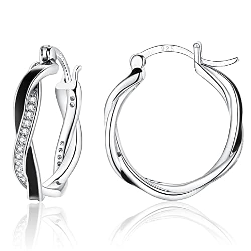 Image of Sfoni Silver Hoop Earrings for Women, Hypoallergenic Sterling Silver Twist Hoop Lightweight Small Sleeper Huggie Hoops with Cubic Zirconia Birthday Christmas Gifts, 15mm Black Hoops