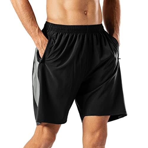 Image of HMIYA Men's Casual Sports Quick Dry Workout Running or Gym Training Short with Zipper Pockets(Black Gray,L)