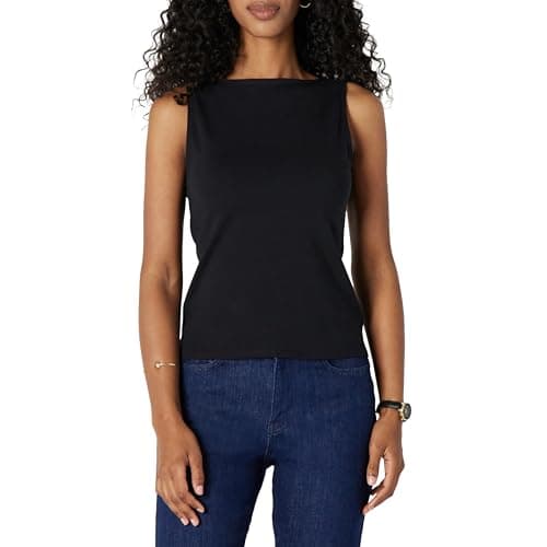Image of Amazon Essentials Women's Slim-Fit Rib Knit Boatneck Layering Tank, Black, X-Large