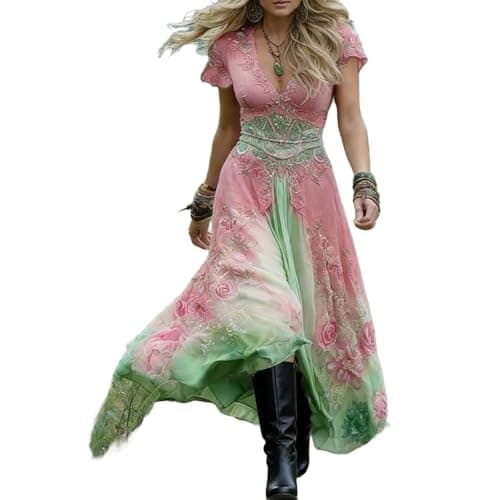 Image of Zeiayuas Boho Dress Ladies Summer Short Sleeve V Neck Plus Size Flowy Maxi Dresses Boho Beach Floral Embroidered Dress Elegant Party Casual Long Dresses A-line Holiday Bohemian Sundress Pink