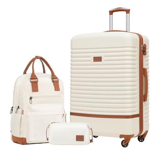 Image of COOLIFE Suitcase Set, 3 Piece Luggage Sets with Travel Backpack and Toiletry Bag for Long Travel, TSA Lock 360° Spinner Wheels (White/Brown, 28 Inch Luggage Set)