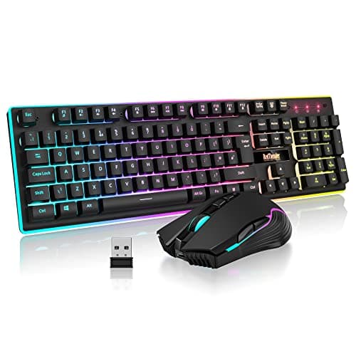 Image of RedThunder K10 Wireless Gaming Keyboard and Mouse Combo, LED Backlit Rechargeable 3800mAh Battery, UK Layout Mechanical Feel Keyboard + 7D 3200DPI Mice for PC Gamer (Black)
