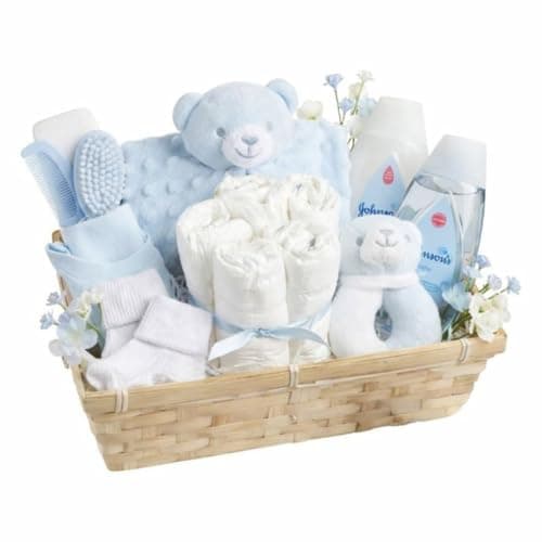 Image of Baby Boy Hamper Gift – Baby Newborn Essentials Teddy Comforter Rattle Bib Socks with Gentle Baby Bath and Shampoo Newborn Baby Boy Gifts Basket for Baby Shower and Christening