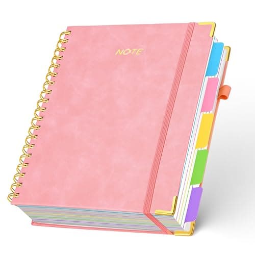 Image of FREBLASO 5 Subject Notebook with Removable Dividers Tabs 8.5"x11", A4 300 Pages Leather Hardcover Spiral Notebook College Ruled, Large Notebooks for Work School, Lined Journal for Women, Black
