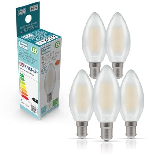 Image of Crompton Lamps Filament Candle LED Light Bulb SBC-B15d | 5W = 40W Equivalent | Cool White 4000K | Energy Efficient | Small Bayonet Lightbulb | Long Life 15000-Hrs | Pearl Glass | Dimmable | 5-Pack