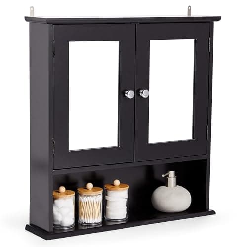 Image of VonHaus Bathroom Mirror Cabinet – Black Bathroom Wall Cabinet with Storage - 2 Door Bathroom Cabinet with Mirror, 3 Internal Shelves & 1 Open Shelf - for Toiletries & Medicine - Shrewsbury