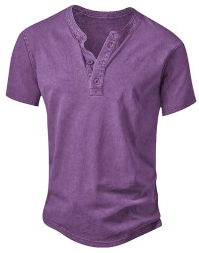 Image of NITAGUT Men's Distressed Henley Shirts Vintage Short Sleeve T-Shirts Washed Cotton Casual V-Neck Button Tee Shirts,Purple,S