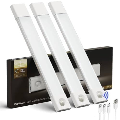 Image of EZVALO 3 Pack 11.8'' Under Cabinet Kitchen Lights, Motion Sensor 50 LED Rechargeable, Dimmable 3 Color Temps, Magnetic Under Cupboard Lights for Wardrobe Pantry Bedroom
