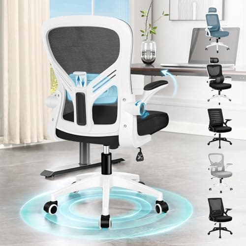Image of ELFORDSON Mesh Office Chair with Adjustable Lumbar Support, Mid-back Ergonomic Desk Chairs for Home Office, Height Adjustable Swivel Computer Chair with Flip-up Armrest, Tilt Function, Black & White