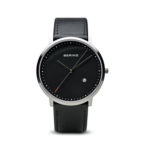 Image of BERING Unisex Quartz Watch, 39 mm Silver Stainless-Steel Case and Black Dial, Calfskin Strap, Sapphire Crystal, 3 ATM, 11139-402