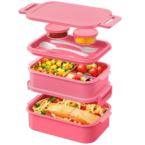 Image of WayEee Lunch Box Adults,2130ml Large Capacity Bento Lunch Box with Compartments, 3 Layers Leak-Proof Bento Box for Office, School(Pink)