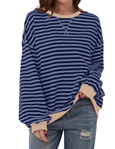 Image of TERIVEEK Women's 2000s Casual Loose Oversized Striped Crewneck Long-Sleeve Sweatshirt, Blue, L