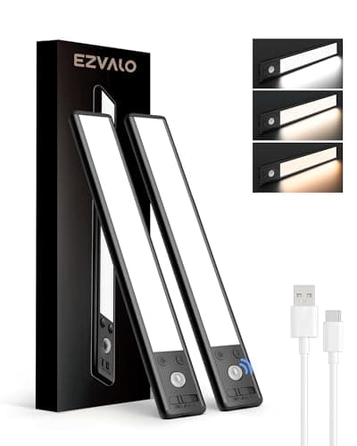 Image of EZVALO Under Cabinet Kitchen Lights, 3 Color Dimmable 62 LED Motion Sensor Lights Indoor, 1600mAh Rechargeable LED Lights for Cupboard, Kitchen (Black, 2 Pack)
