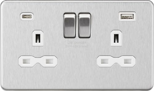 Image of 13A 2G SP Switched Socket with Dual USB A+C (5V DC 4.0A shared) - Brushed Chrome with White Insert