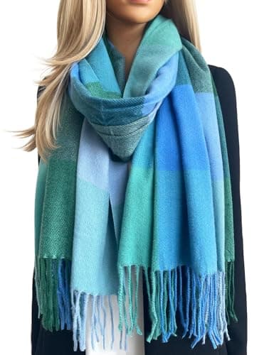 Image of The Accessory Co. Tartan Scarf Checked Blanket Scarf Women, Oversized Scarf Shawl Wrap, Ladies Scarves, Rainbow Plaid Scarf Long Large Warm Winter Scarf, Colour Block, Womens Gifts (Green Blue)