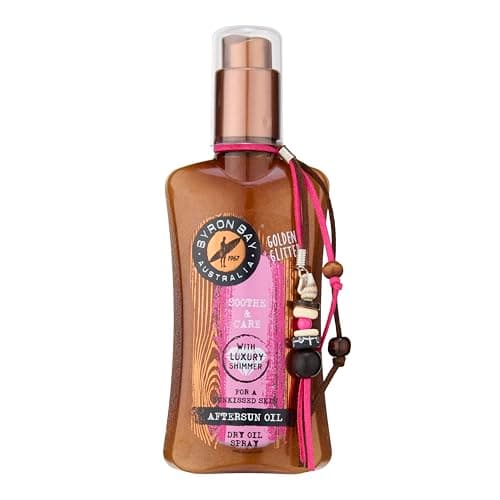 Image of Byron Bay Australia After Sun Lotion Dry Oil Shimmer Spray – with Luxury Golden Glitter For A Sunkissed Glow - with Antioxidants – Non Greasy Aftersun care, Tropical Summer Fragrance - 200ml