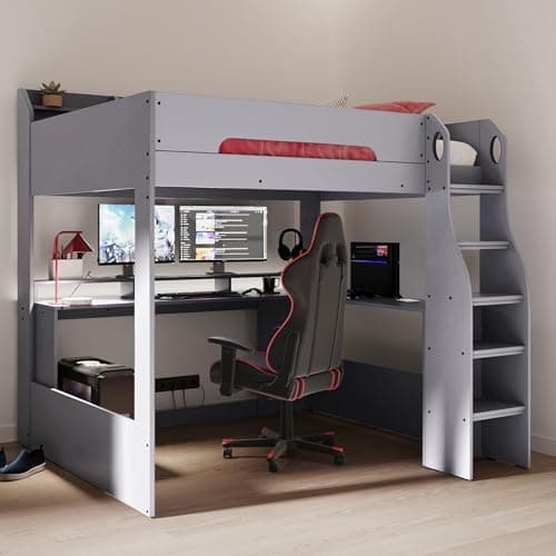 Image of Flair Furnishings - Wooden High Sleeper Bed for Kids, Small Double Gaming Bed with Desk and LED Lighting, Heavy Duty and Sturdy, Space-Saving Design (Grey)