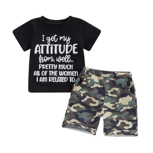 Image of MAHUAOYIXI Toddler Baby Boy Summer Outfit Short Sleeve Round Neck Letter Print T-shirt Top Shirts and Elastic Waist Camouflage Shorts 2Pcs Tracksuit Set Clothes for Little Boy (Black, 2-3 Years)