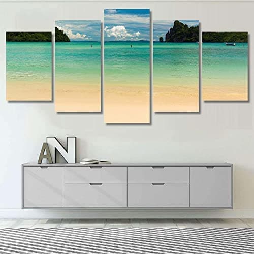 Image of Canvas Wall Art 5 Pieces Canvas Painting 200×100 Cm 5 Piece Modern Canvas Artwork Pictures Paintings Beach Ocean Landscape For Living Room Home Decor Festival Gift -0O3O/T2L