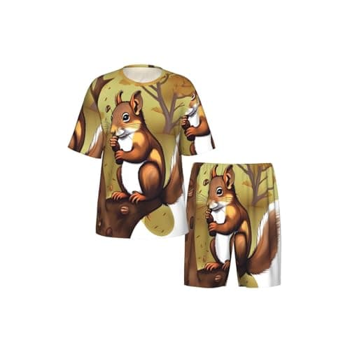 Image of CNTDBU Nut-Eating Squirrel S Men'S Pajama Set Short Sleeve Shorts-Soft Breathable Summer Sleepwear, Lightweight Loungewear With Pockets For Home Black