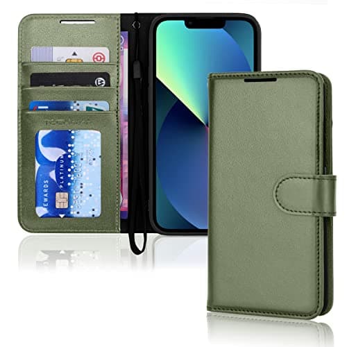 Image of TECHGEAR iPhone 13 Leather Wallet Case, Flip Protective Case Cover with Wallet Card Holder, Stand and Wrist Strap - Green PU Leather with Magnetic Closure for iPhone 13 6.1"