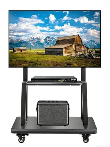 Image of Hellsehen Mobile TV Stand,Rolling TVs Cart on Wheels Height Adjustable Heavy-Duty Floor Stand Base for 32-75 Inch LCD LED OLED Flat Panel Screens Smartboard Movable Holds up to 100kg with Shelf