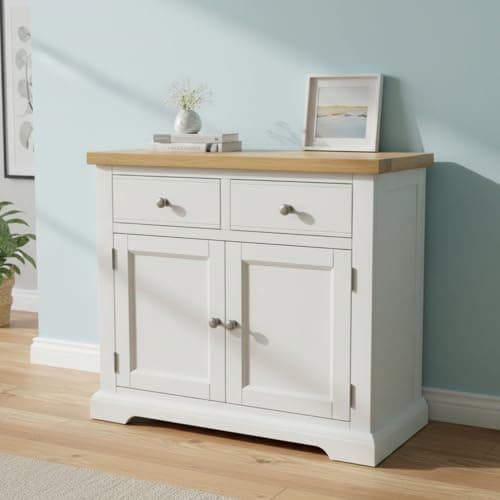 Image of GROF GROFurniture Painted 3ft Sideboard Snow White Dresser Base with Oak Top - Ready Assembled Sideboard 2 Doors 2 Drawers Cabinet