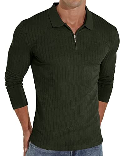 Image of Sailwind Zipper Polo Shirts for Men Long Sleeve Slim Fit Shirts Casual Stretch Ribbed Knit Zip Shirt (Dark Green, L)