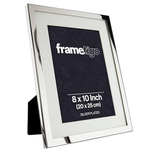 Image of Frametigo - Silver Plated White Mount Photo Frame, 8"x10" (20x25cm) Photo Size - Velvet Frame Backing & Stand - Real Glass Window - Tarnish Resistant - Landscape or Portrait Orientation