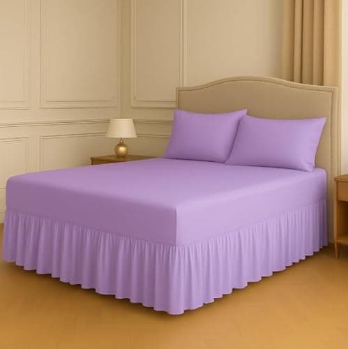 Image of Night Zone Fitted Frilled Valance Sheet Double Lilac – 25cm Deep Elasticated Sheet with 30cm All-Around Frill – Fits Over Mattress & Down to the Floor – Polycotton Bed Skirt for Bed Base