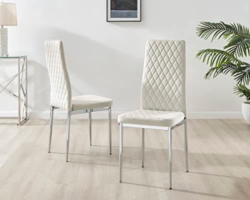 Image of Furniturebox UK Milan Dining Chair - Set of 4 Seats - Premium Dining Room Chairs - Contemporary & Luxurious Chrome Hatched Diamond Velvet Dining Seats (4x Cream Velvet Silver Leg Chairs)