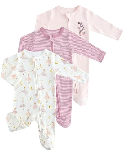 Image of JiAmy Baby Boys Girls Cotton Sleepsuits 3 Pack, Zip-Up Babygrow with Footed and Fold-Over Mittens Pink 0 Months