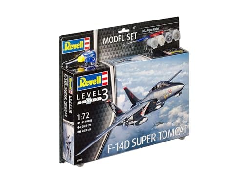 Image of Revell Model Set 63960 F-14D Super Tomcat 1:72 Scale Unbuilt/Unpainted Plastic Model Kit with Contacta Professional Glue, Paintbrush & Selected Aqua Color Paints