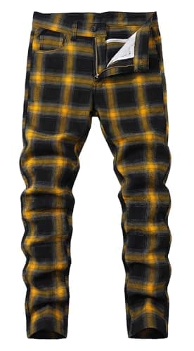 Image of Ausing Men's Plaid Chinos Slim Fit Checked Trousers Casual Chino Pants Stretch Straight Leg Trousers Fitted Cotton Tartan Pant Zip Fly Elastic Check Suit Trouser Spring Autumn 02 Yellow Size 34