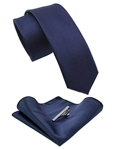 Image of RBOCOTT 2.4" Navy Blue Skinny Tie and Pocket Square with Tie Clip Sets for Men(6cm)