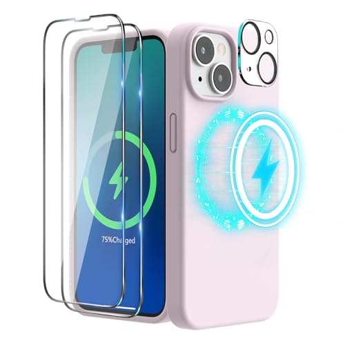 Image of SURPHY Magnetic Silicone Case Designed for iPhone 14 Case, with 2 Pack Screen Protector + 1 Pack Camera Lens Protector, Liquid Silicone Compatible with MagSafe for iPhone 14 6.1 inch, Chakl Pink