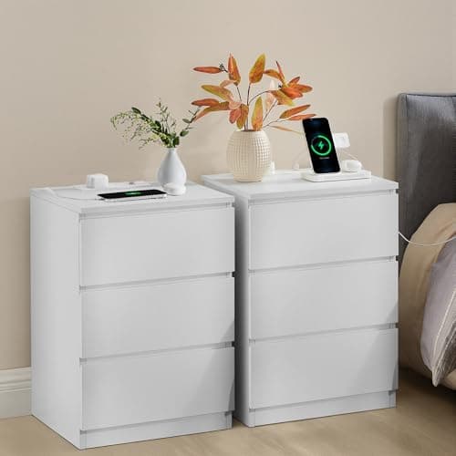 Image of VASAGLE KAILYN Collection - Bedside Tables with Power Strip, Set of 2 Side End Tables with Drawers, 2 AC Outlets, 2 USB Ports, for Living Room, Bedroom, Study, Cloud White LET831W15