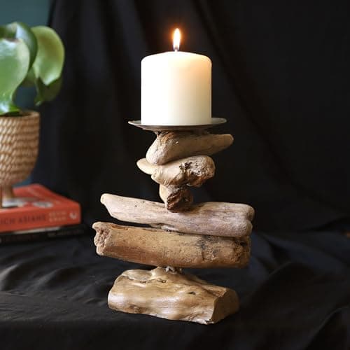 Image of Handmade Rustic Driftwood Candle Holder Nautical Coastal Home Decor Accent 18-20cm