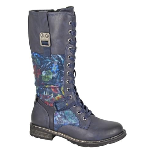 Image of Cipriata ABELA L755 Ladies Floral Memory Foam Faux Fur High Leg Inside Zip Lace Up Boots (Navy/Floral, 9, UK Footwear Size System, Adult, Women, Numeric, Medium, 9)