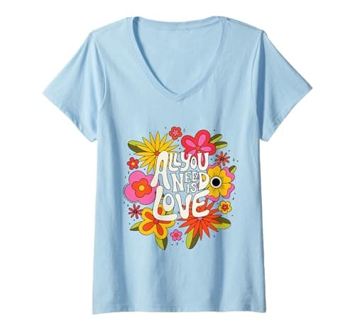 Image of Womens The Beatles - All You Need Is Love Retro Flowers V-Neck T-Shirt