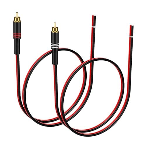 Image of J&D Speaker Cable to RCA Plug, 2 Pack 20AWG 0.3 m, RCA Male Plug to Bare Wire Connector Adapter for Repairing Speaker Cords, Compatible with Amplifiers, AV Receivers, Red and Black