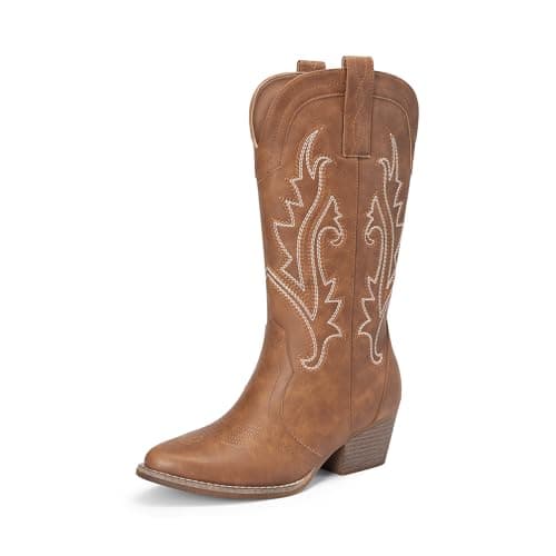 Image of DREAM PAIRS Women's Cowboy Cowgirl Boots Embroidered Pointed Toe Low Heel Western Mid Calf Boot for Theme Party Country Concert,Size 7,Brown,DWUMMB2503