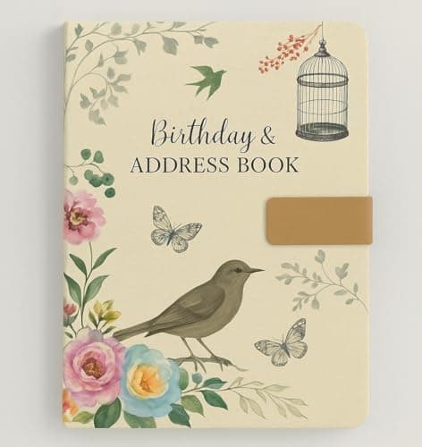 Image of Sixstore Telephone Address & Birthday Book A-Z Index Beautiful Fabric Vintage Style Cover A5 Size Soft Padded Cover Address & Birthday Book with Magnetic Lock - Bird