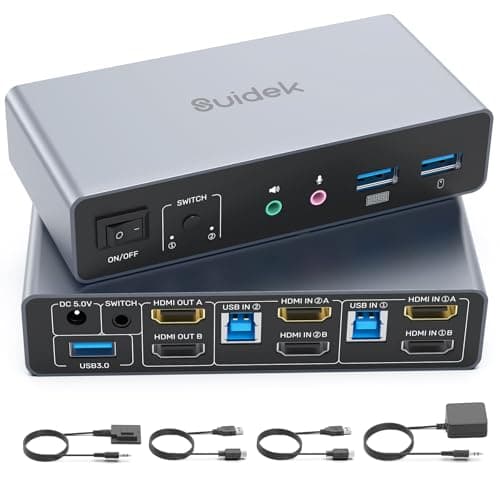 Image of SUIDEK HDMI KVM Switch 2 Monitors 2 Computers Support 4K@60Hz, 3 Port USB3.0 KVM Switches for 2 Computers Share Keyboard/Mouse/Hard Drives and 2 Monitor, with Desktop Controller and 2 USB Cables