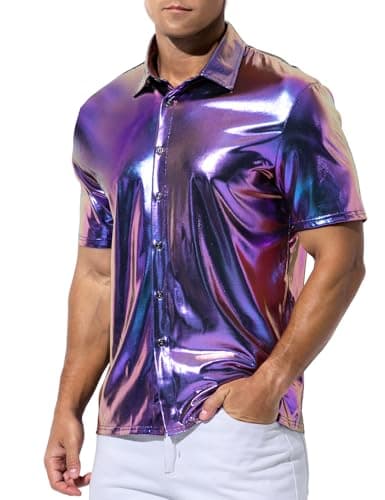 Image of Casey Kevin Men's Short Sleeve Shirt Shiny Metallic Collared T-Shirt Sparkly Nightclub Sexy Button Down Disco Rock Party Shirts - Purple XXL