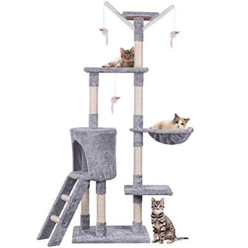 Image of Cat Tree, 145cm Cat Scratching Post Multi-Level Stable Climbing Tower with Ladder, Indoor Pet Activity Furniture Play House for Kitty Kitten