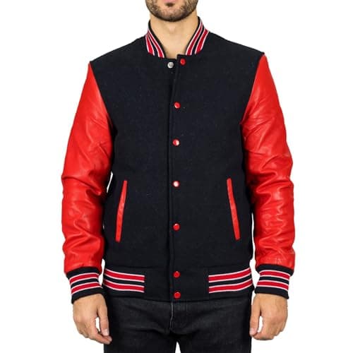 Image of TruClothing Men's Black Red Varsity Bomber Jacket Wool Body Real Leather Sleeves College Baseball Coat - Black Red M